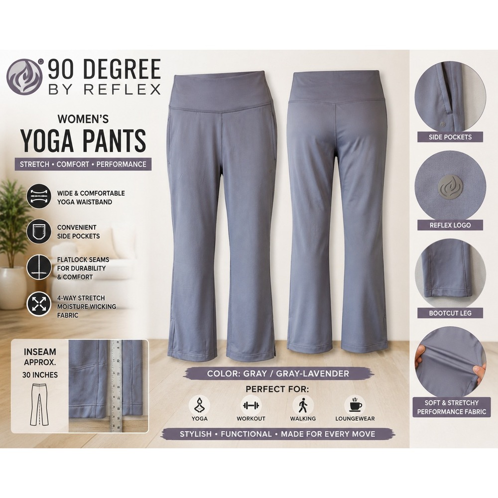 90 Degree by Reflex Women Yoga Pants Gray Lavender Bootcut Pockets 30 Inseam